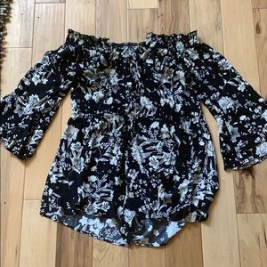 Black and white floral plus size romper